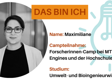 Man sieht den Steckbrief von Maximiliane. Dort steht der Name, der Campname, und der Name der Ausbildung.