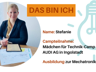 Man sieht den Steckbrief von Stefanie. Dort steht der Name, der Campname, und der Name der Ausbildung.