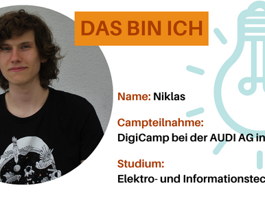 Man sieht den Steckbrief von Niklas. Dort steht der Name, der Campname, und der Name der Ausbildung.