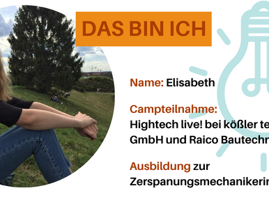 Man sieht den Steckbrief von Elisabeth. Dort steht der Name, der Campname, und der Name der Ausbildung.