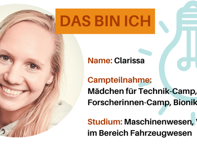 Man sieht den Steckbrief von Clarissa. Dort steht der Name, der Campname, und der Name der Ausbildung.