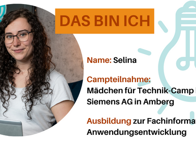 Man sieht den Steckbrief von Selina. Dort steht der Name, der Campname, und der Name der Ausbildung.